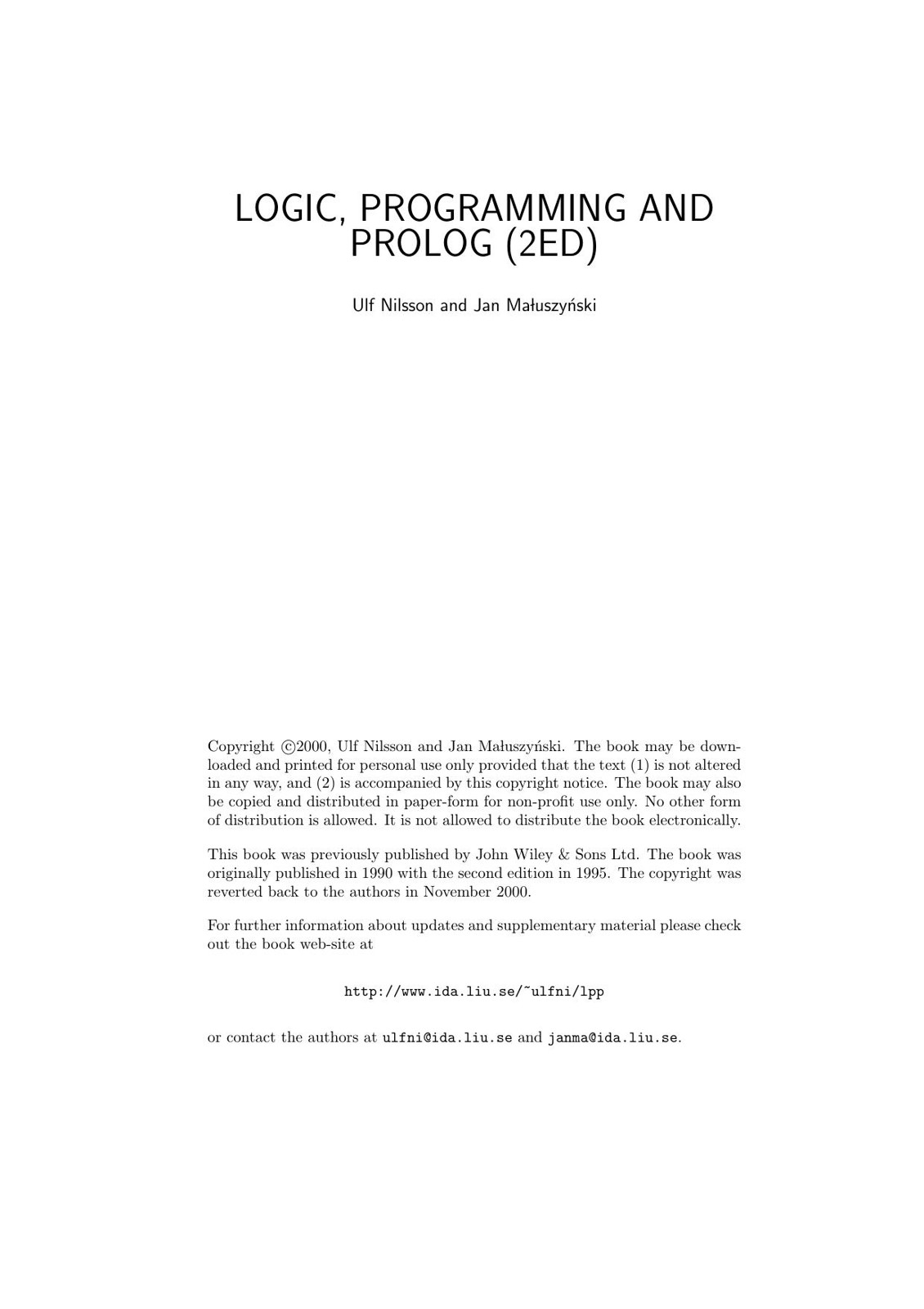 Logic, Programming and Prolog (2ed)