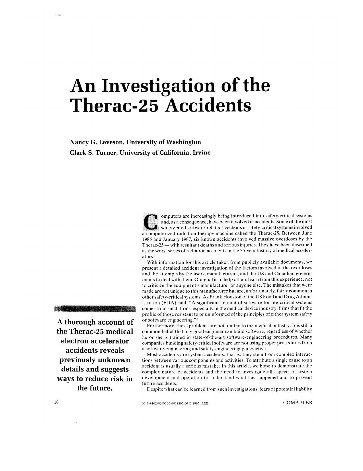 An investigation of the Therac-25 accidents - Computer