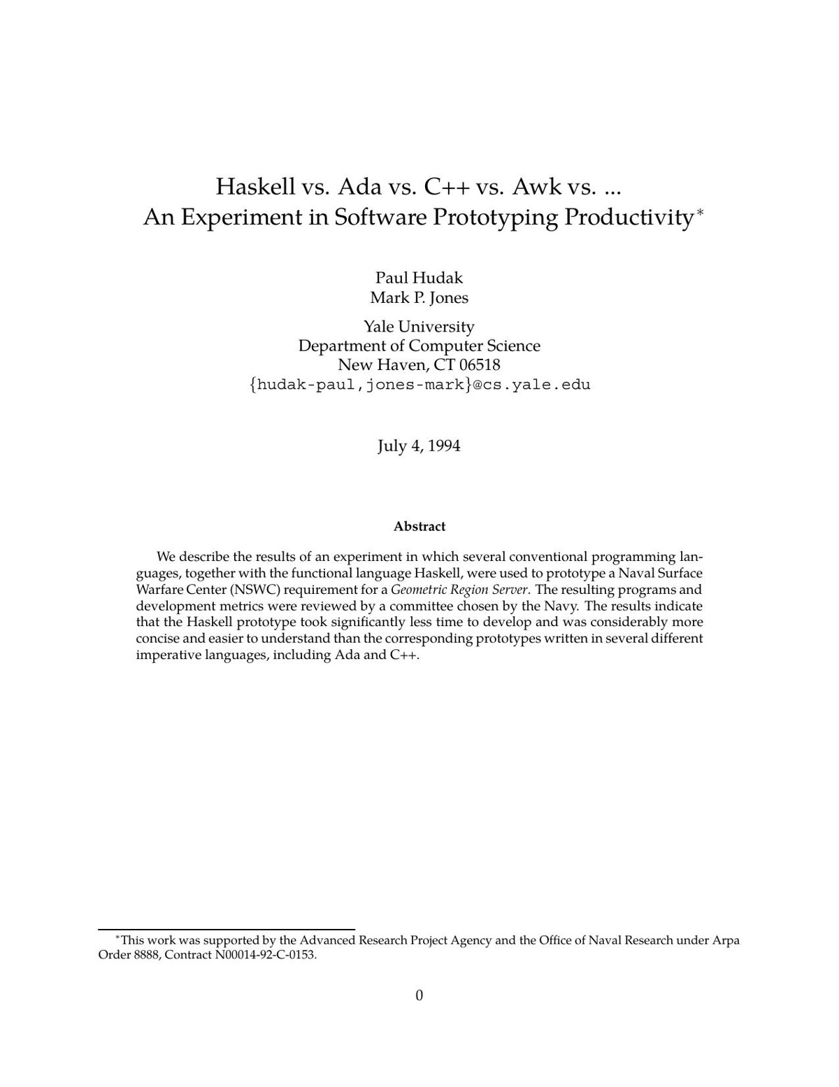 Haskell vs. Ada vs. C++ vs. Awk vs. ... An Experiment in Software Prototyping Productivity