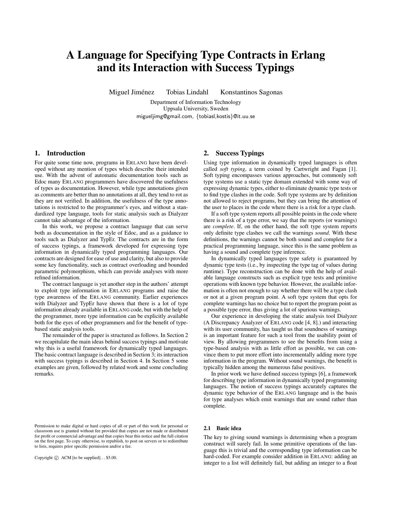 A Language for Specifying Type Contracts in Erlang and its Interaction with Success Typings