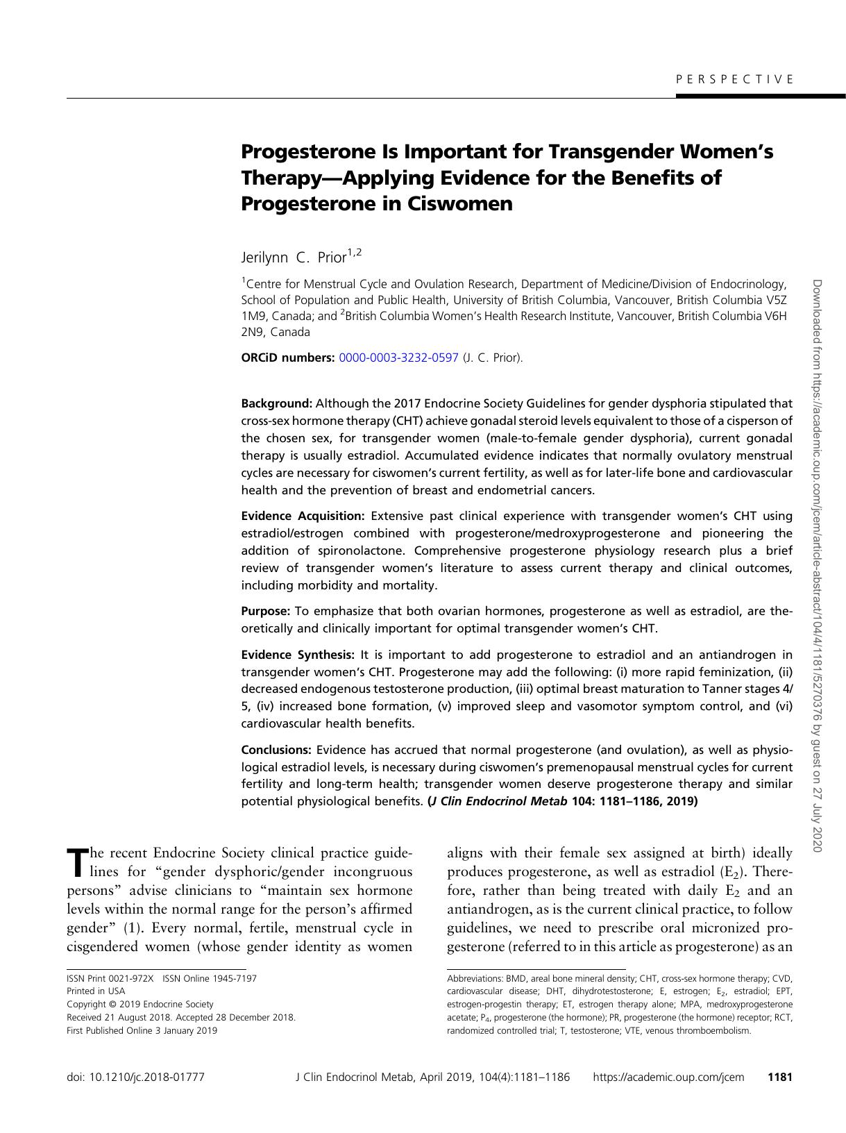 Progesterone Is Important for Transgender Women’s Therapy—Applying Evidence for the Benefits of Progesterone in Ciswomen