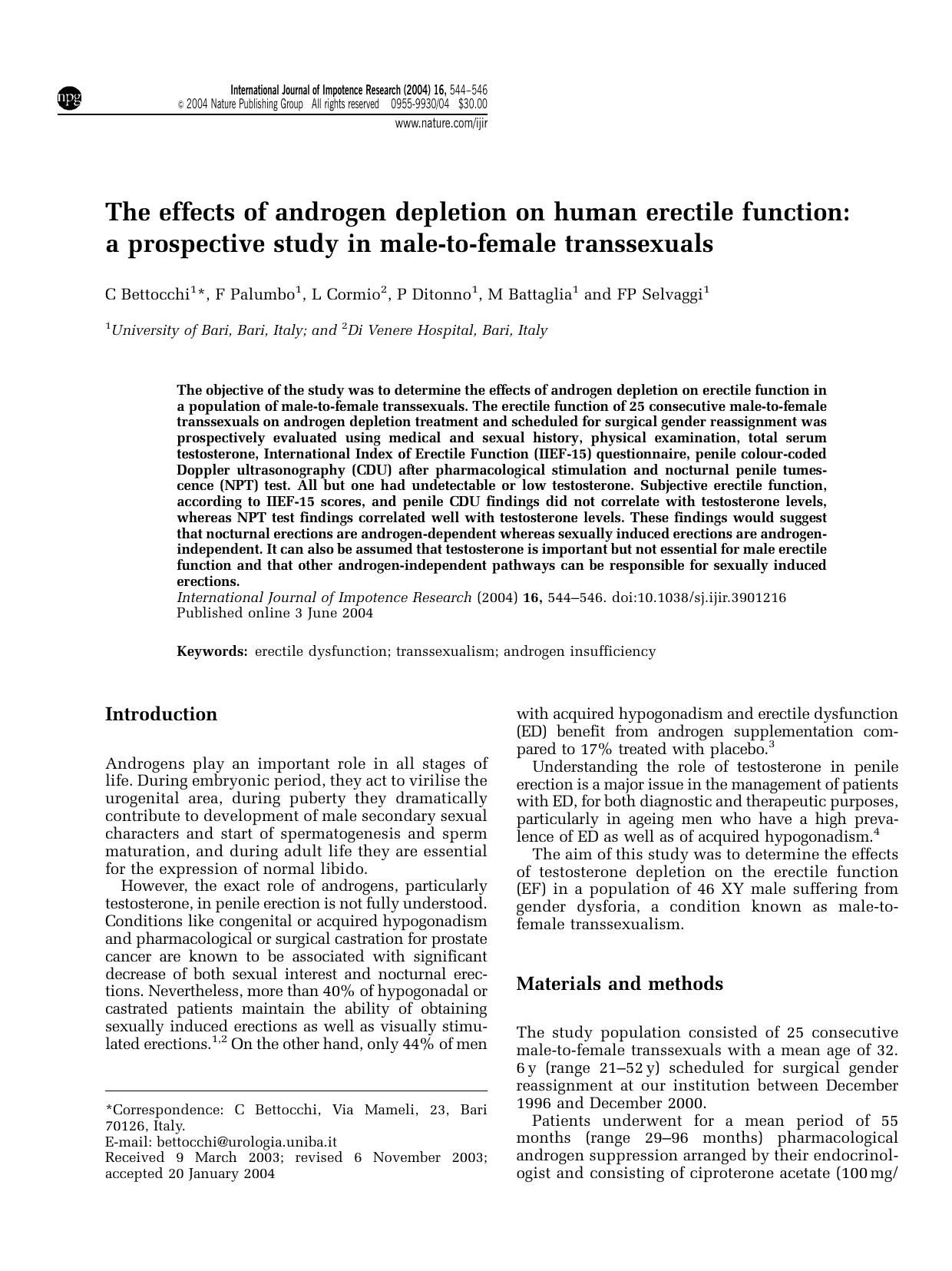 The effects of androgen depletion on human erectile function: a prospective study in male-to-female transsexuals