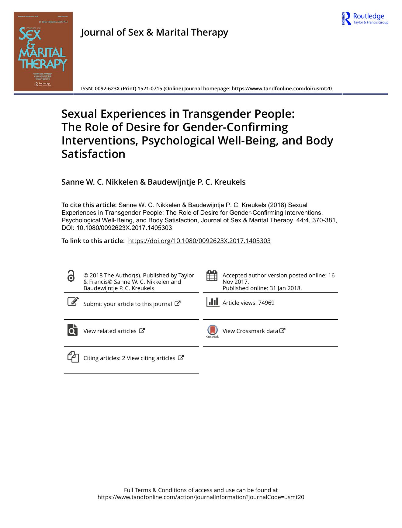 Sexual Experiences in Transgender People: The Role of Desire for Gender-Confirming Interventions, Psychological Well-Being, and Body Satisfaction