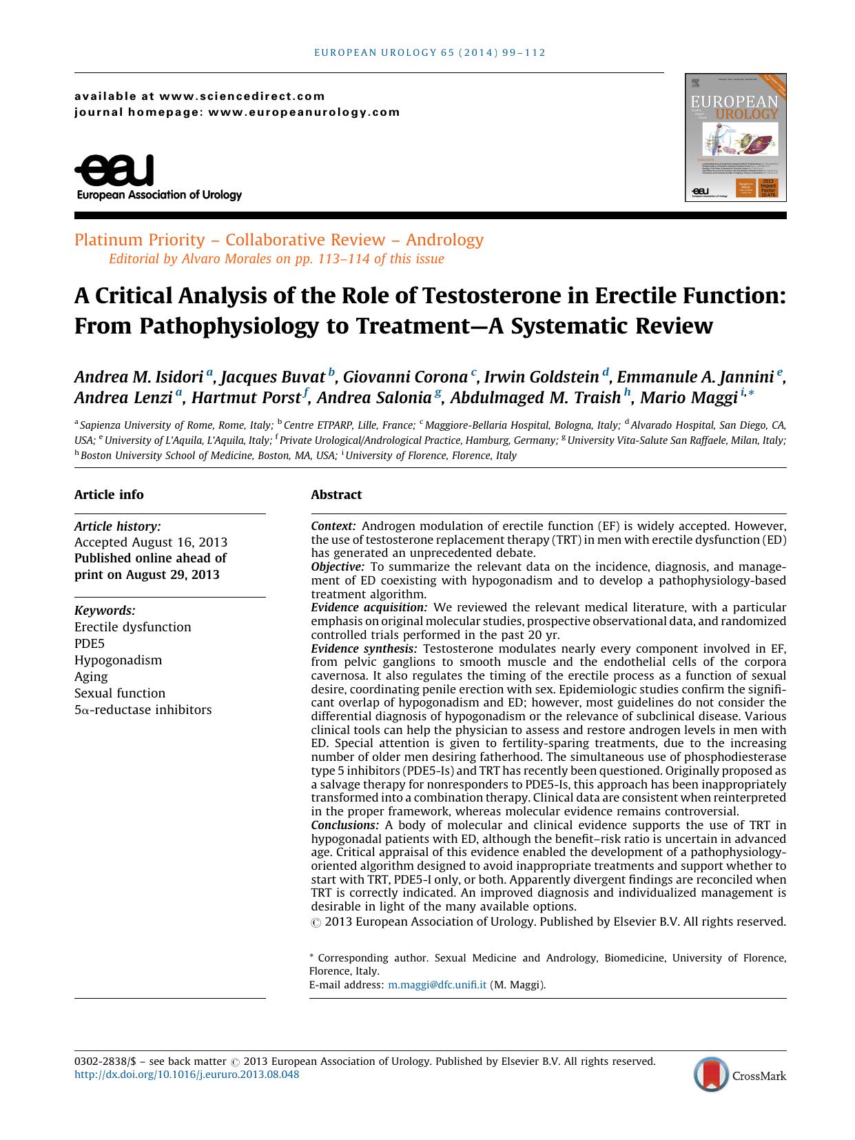 A Critical Analysis of the Role of Testosterone in Erectile Function: From Pathophysiology to Treatment—A Systematic Review