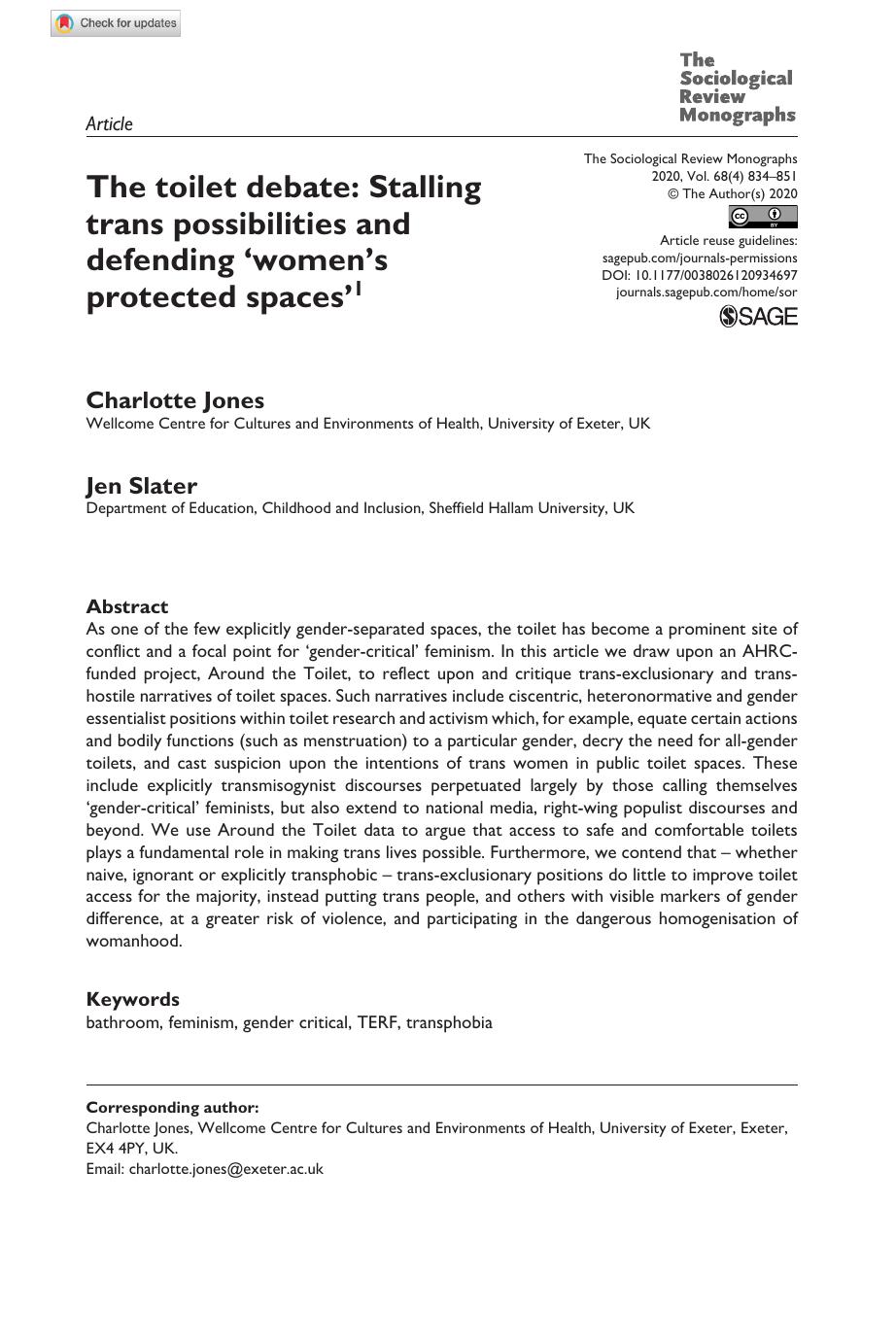 The toilet debate: Stalling trans possibilities and defending ‘women’s protected spaces’