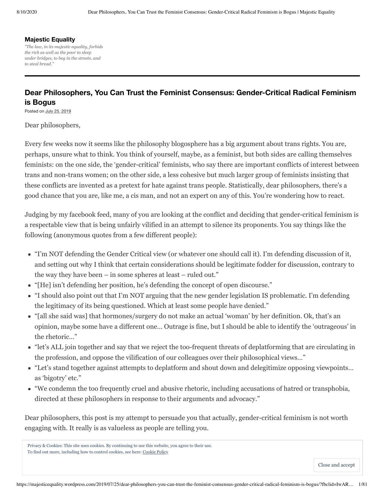 Dear Philosophers, You Can Trust the Feminist Consensus Gender-Critical Radical Feminism is Bogus Majestic Equality