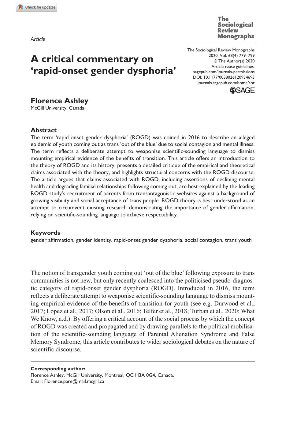 A critical commentary on ‘rapid-onset gender dysphoria’