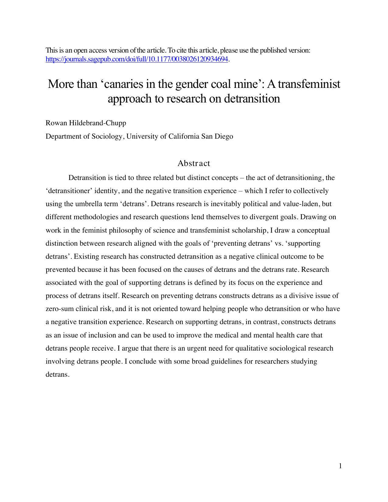 More than ‘canaries in the gender coal mine’: A transfeminist approach to research on detransition