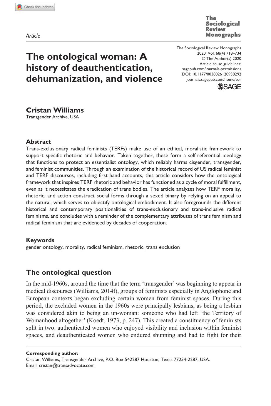 The ontological woman: A history of deauthentication, dehumanization, and violence
