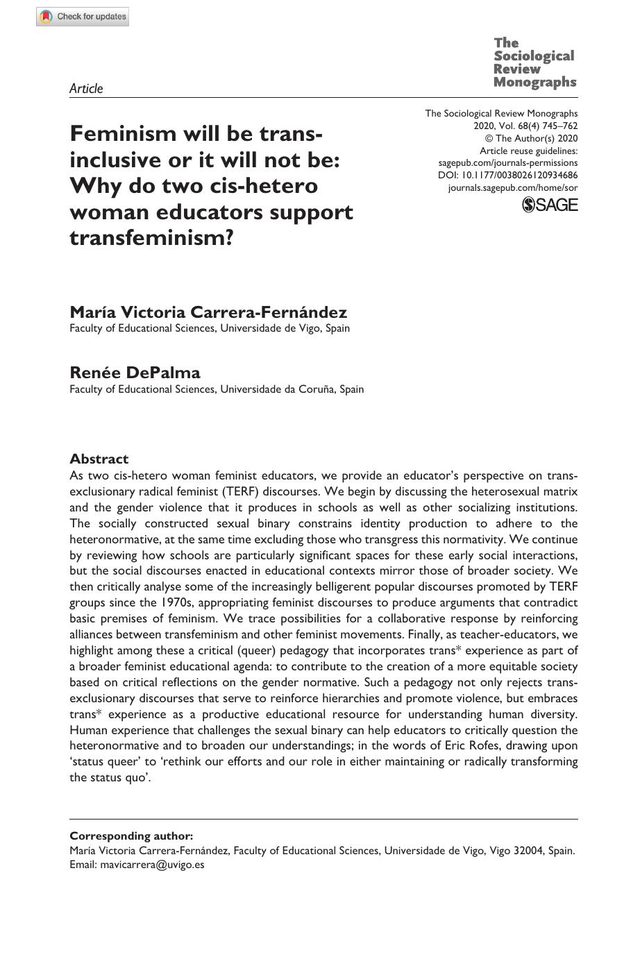 Feminism will be trans-inclusive or it will not be: Why do two cis-hetero woman educators support transfeminism?