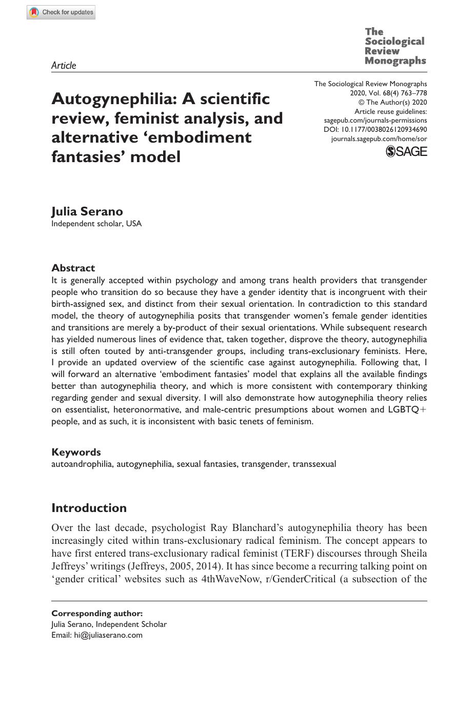 Autogynephilia: A scientific review, feminist analysis, and alternative ‘embodiment fantasies’ model