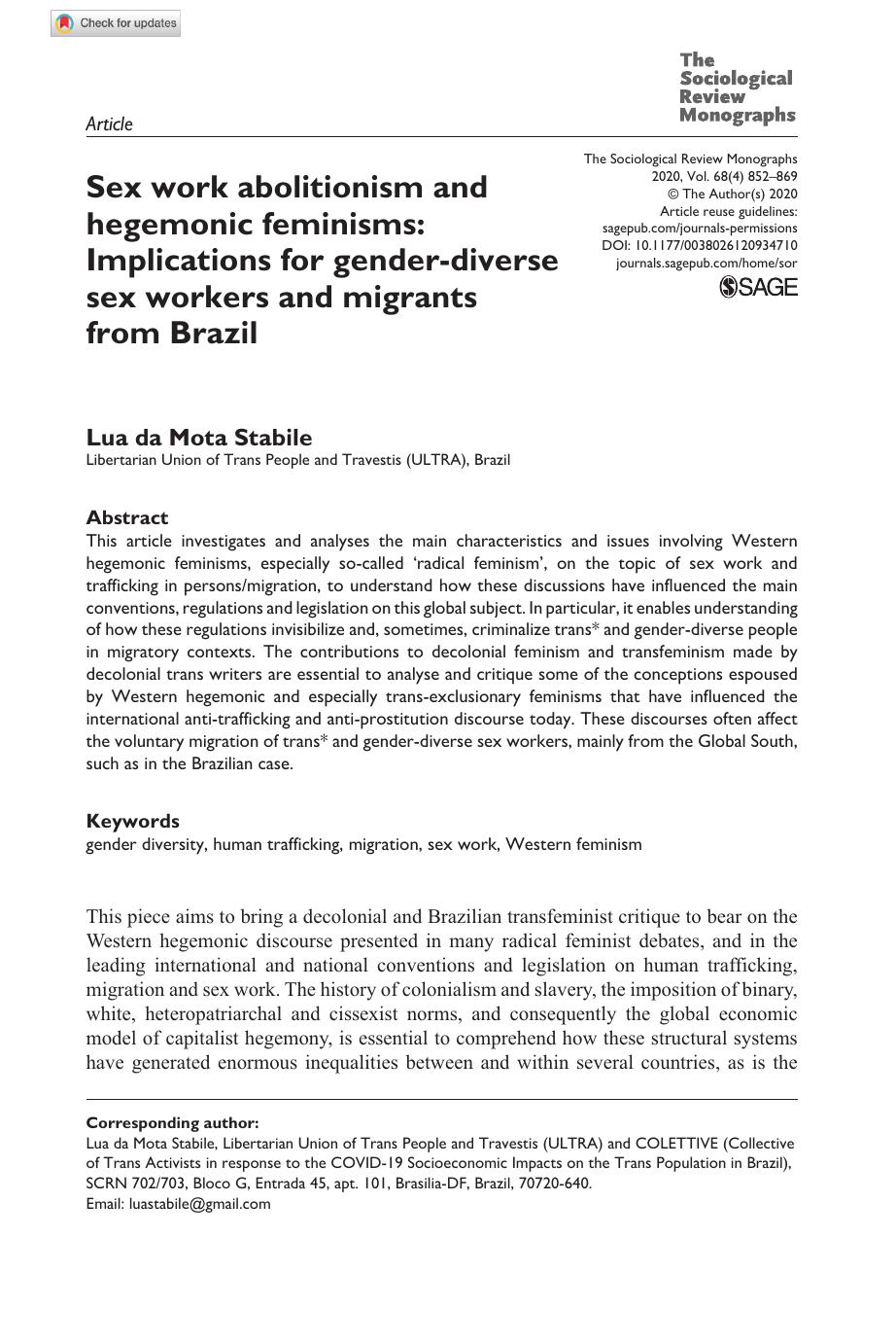 Sex work abolitionism and hegemonic feminisms: Implications for gender-diverse sex workers and migrants from Brazil
