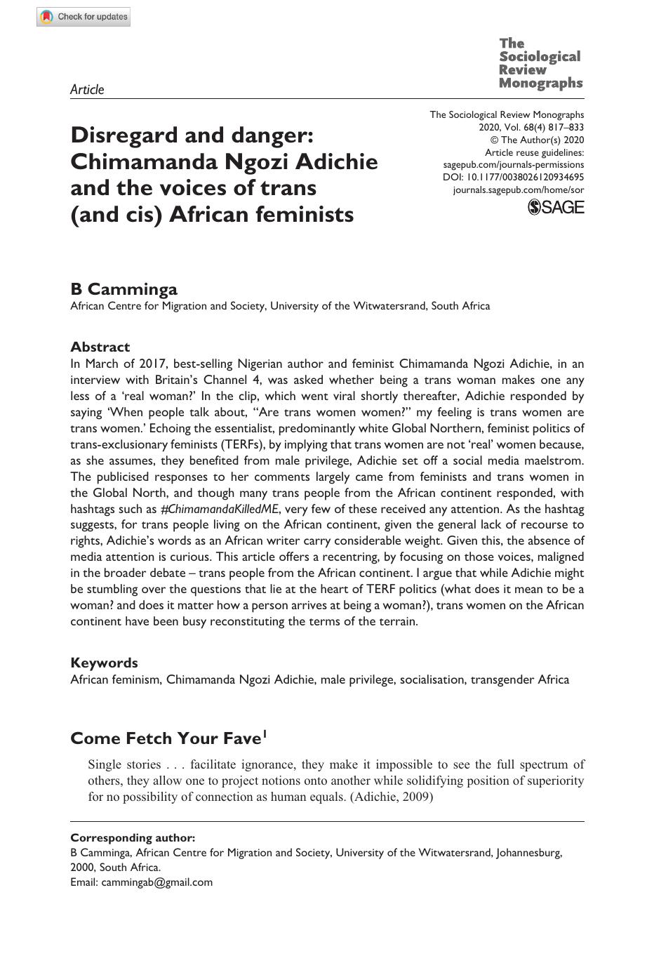 Disregard and danger: Chimamanda Ngozi Adichie and the voices of trans (and cis) African feminists