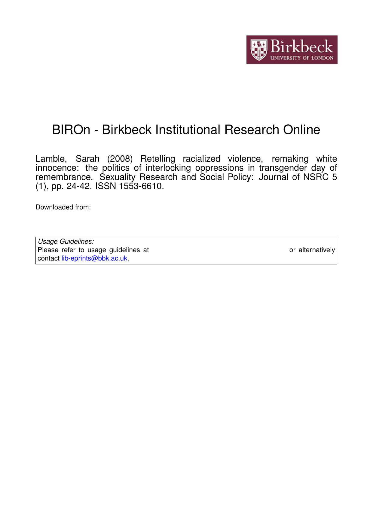 Retelling racialized violence, remaking white innocence: The politics of interlocking oppressions in transgender day of remembrance
