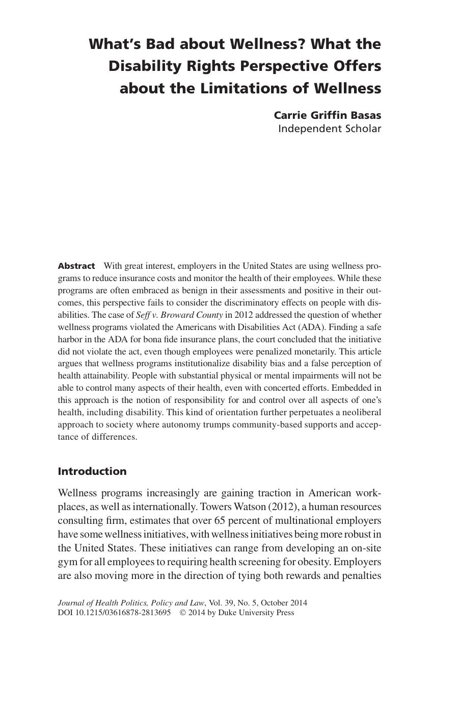What's Bad About Wellness? What the Disability Rights Perspective Offers about the Limitations of Wellness