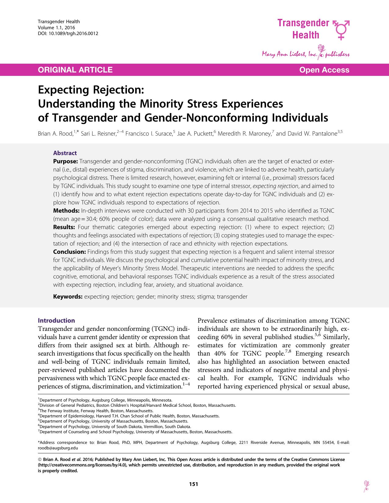 Expecting Rejection: Understanding the Minority Stress Experiences of Transgender and Gender-Nonconforming Individuals