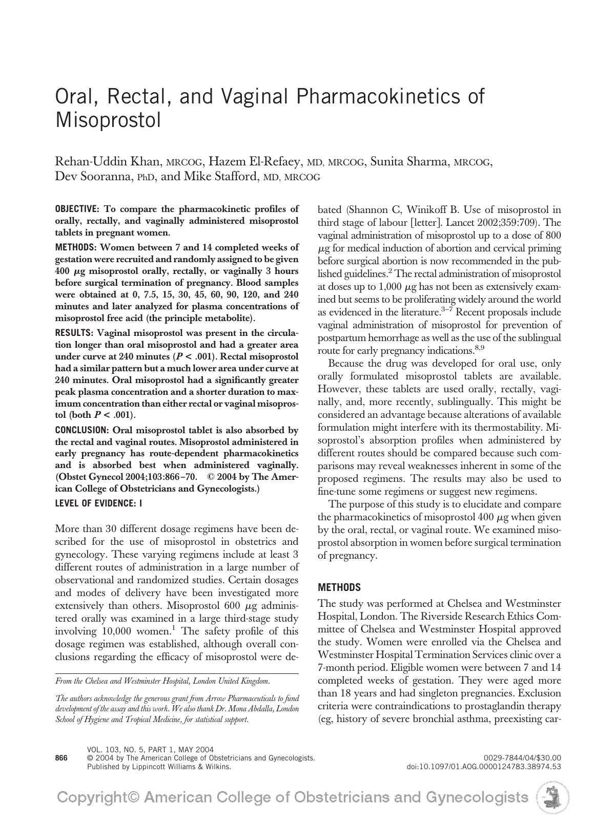 Oral, Rectal, and Vaginal Pharmacokinetics of Misoprostol