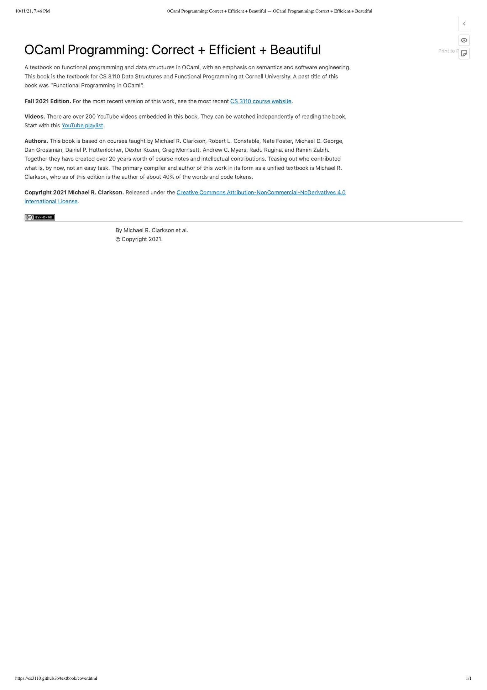 OCaml Programming: Correct + Efficient + Beautiful