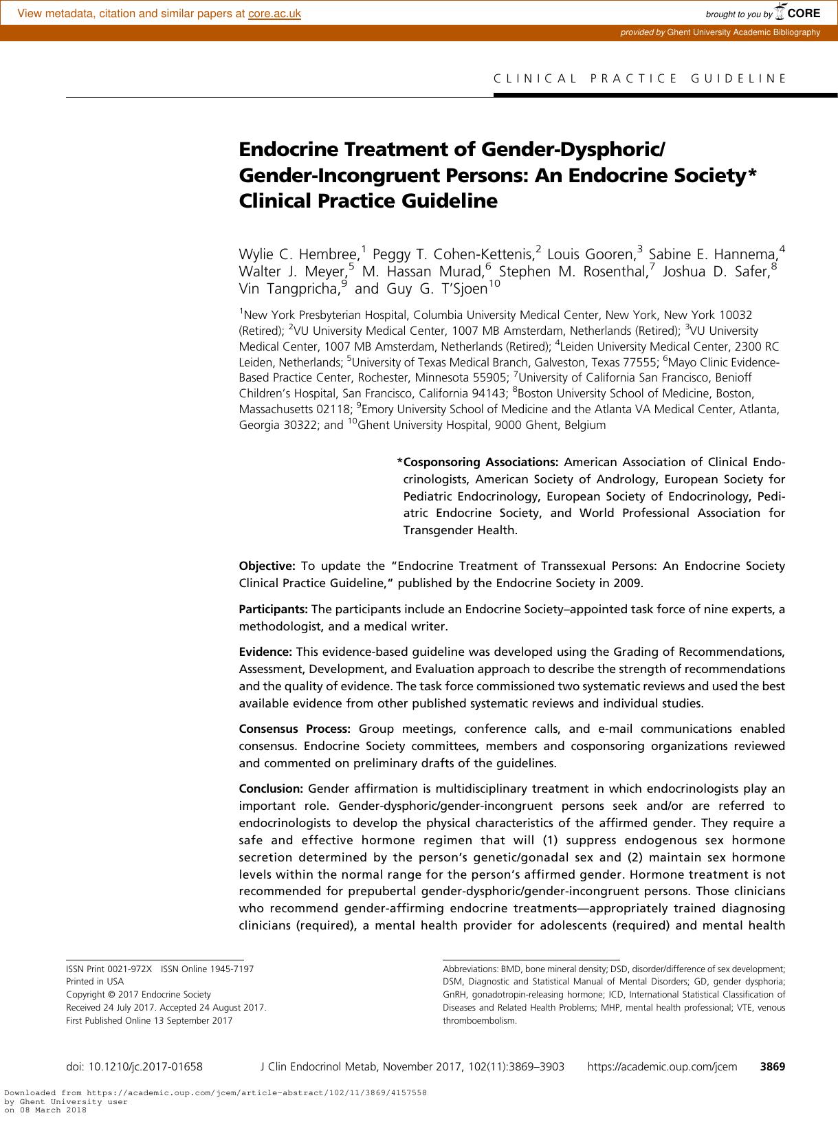 Endocrine Treatment of Gender-Dysphoric/Gender-Incongruent Persons: An Endocrine Society* Clinical Practice Guideline