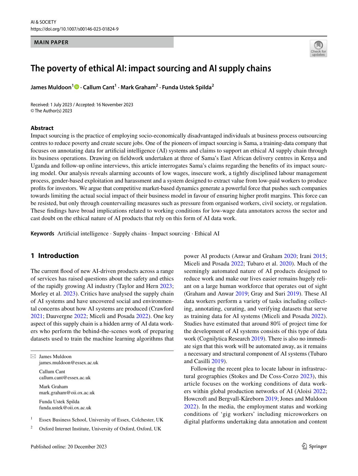 The poverty of ethical AI: impact sourcing and AI supply chains