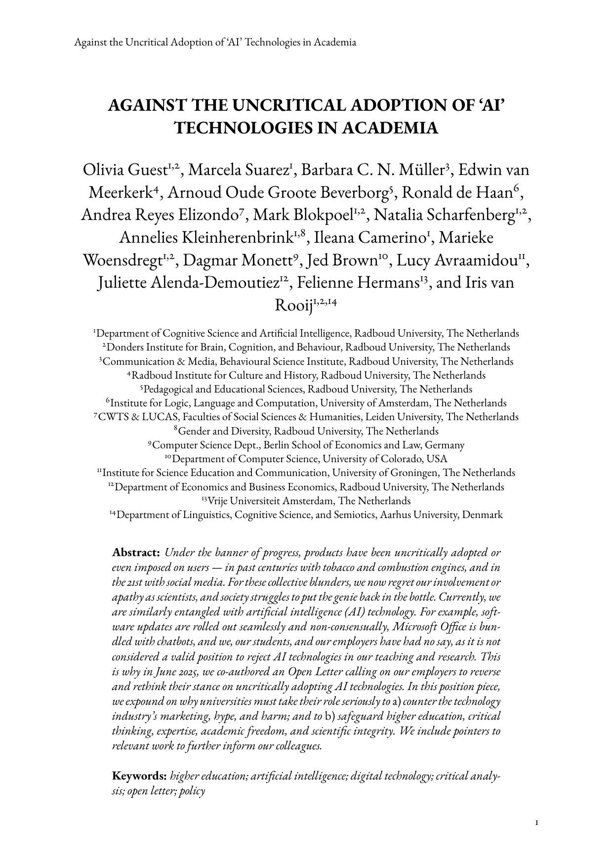 Against the Uncritical Adoption of ‘AI’ Technologies in Academia