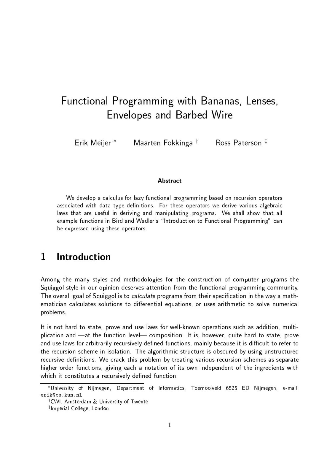 Functional Programming with Bananas, Lenses, Envelopes and Barbed Wire